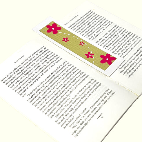 Artistic Fabric Bookmark - dull green colour, cute pink flowers