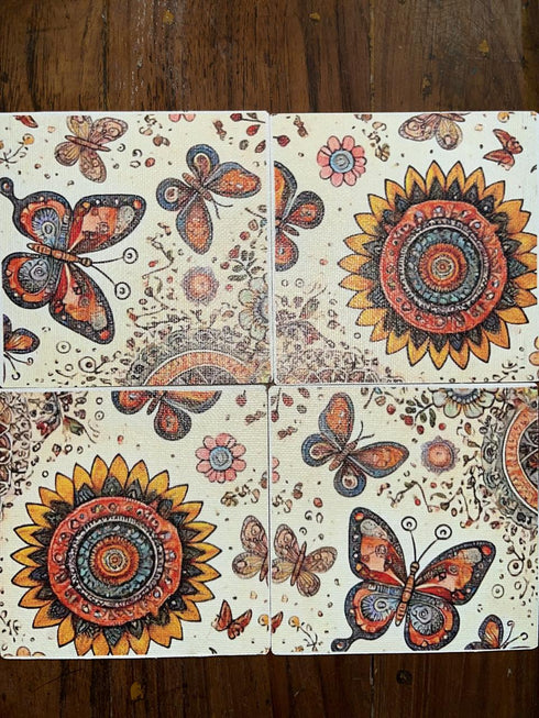 Coasters wooden printed canvas Flowers and Butterflies