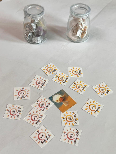 Blisswood Box - wooden box with a jar of affirmations and a jar of chocolates