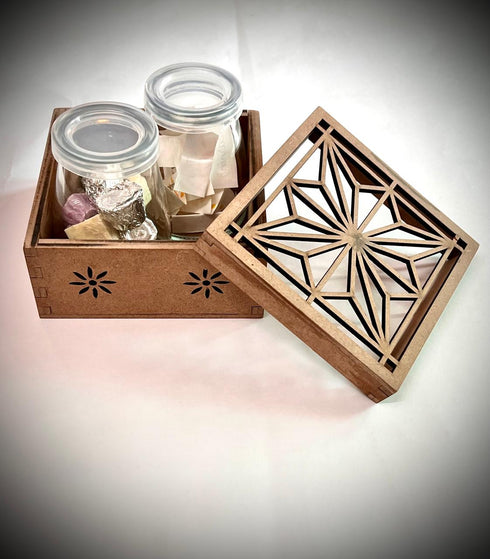 Blisswood Box - wooden box with a jar of affirmations and a jar of chocolates