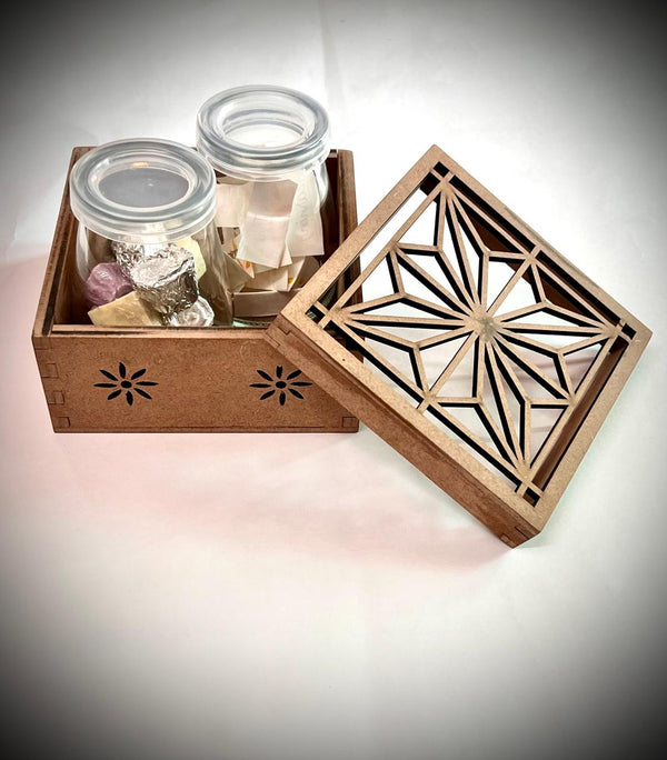 Blisswood Box - wooden box with a jar of affirmations and a jar of chocolates