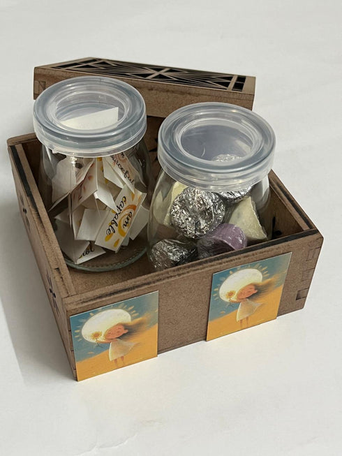 Blisswood Box - wooden box with a jar of affirmations and a jar of chocolates
